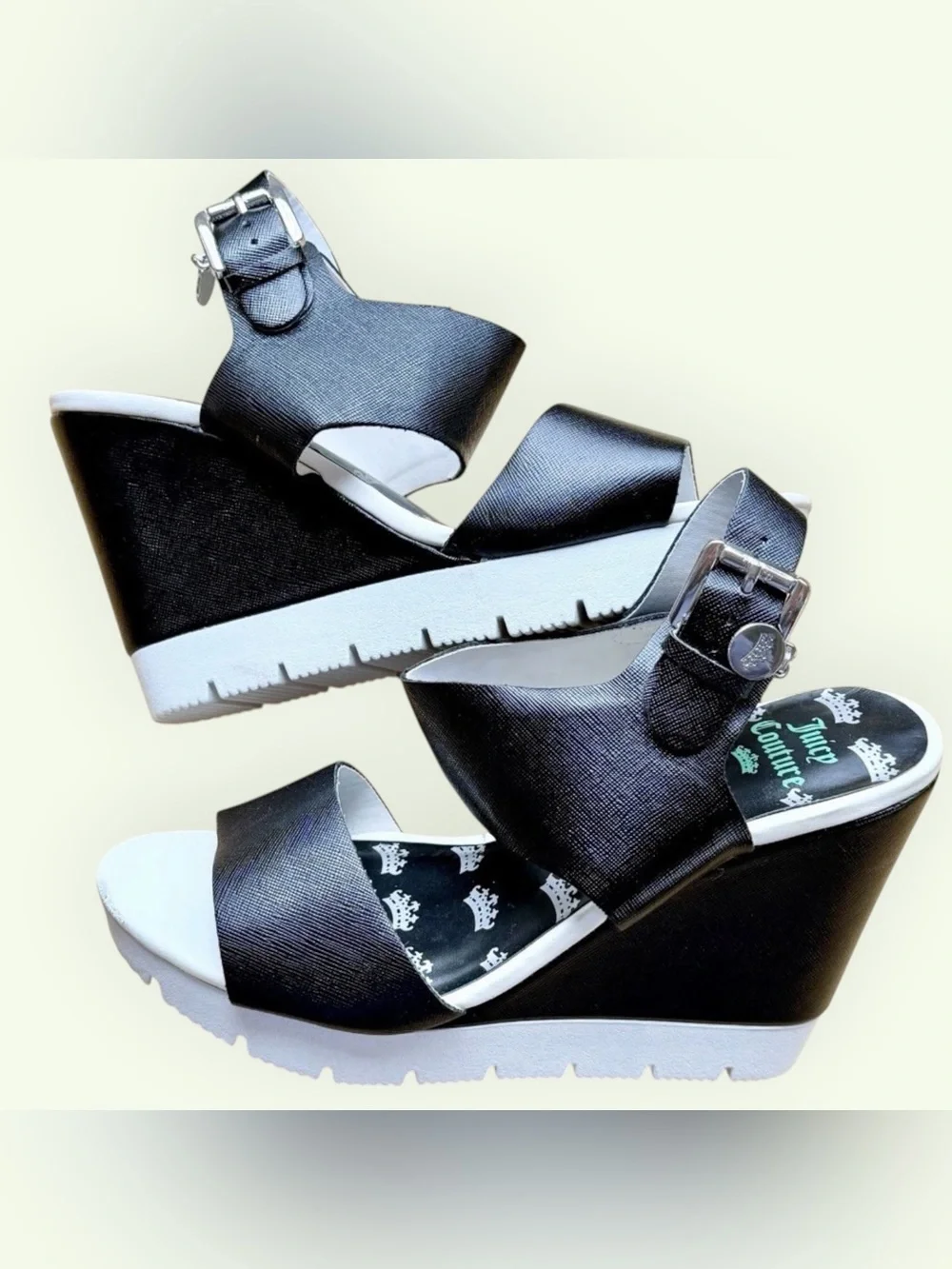 Juicy Couture Trish Black White Platform Wedge Sandals Women Size 7.5 Y2K Note